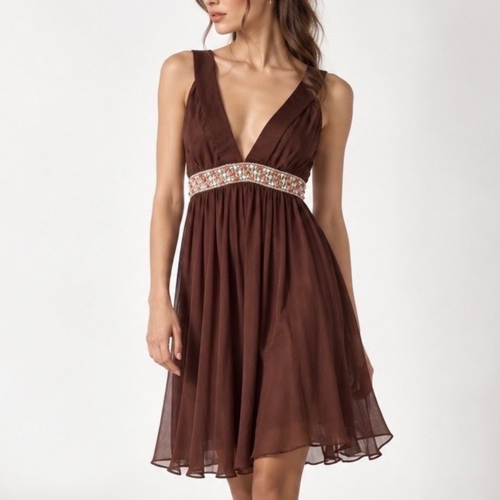 Vintage Y2K Milly New York 100% Silk Dress Brown Beaded Jeweled Empire Waist USA